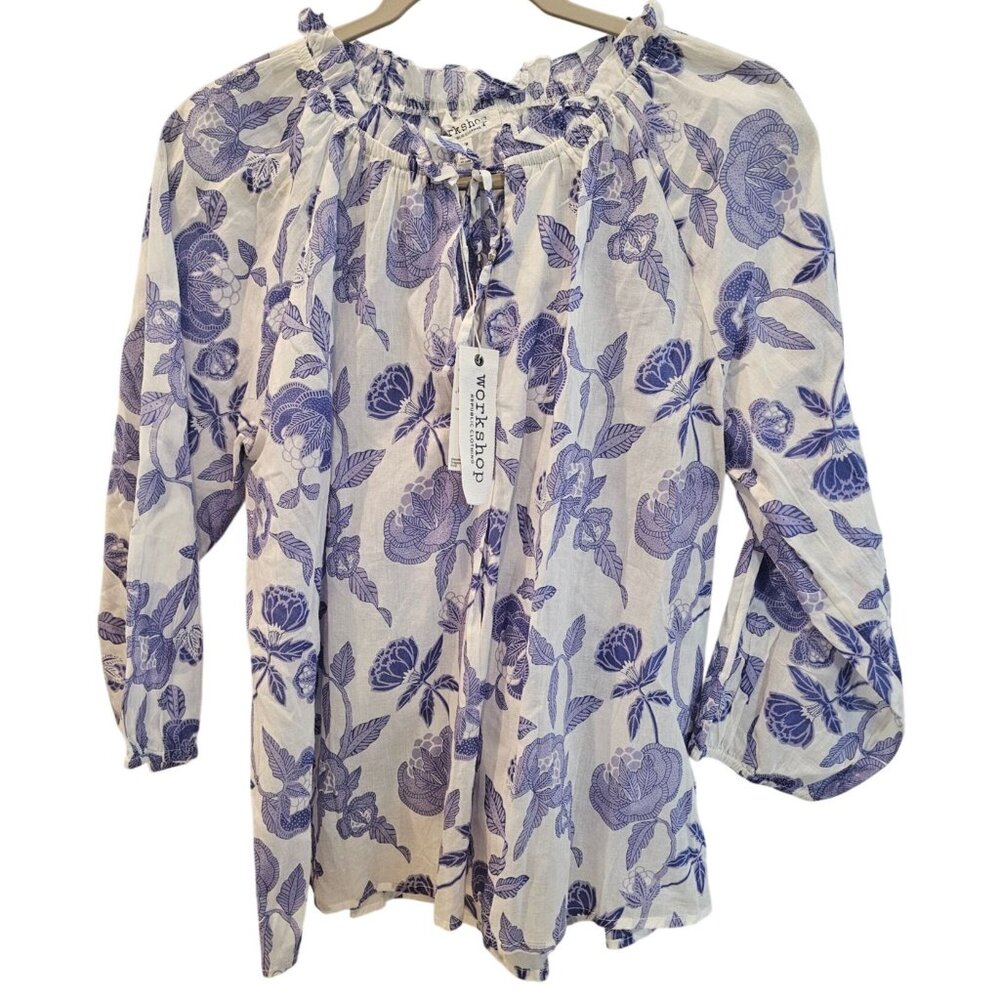 Workshop Floral Blouse Cotton Sheer Blue White Womens 3/4 Sleeve Top Size M NWT